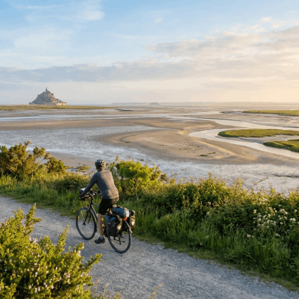 Cycliste longeant la piste Vélomaritime avec vue sur le Mont-Saint-Michel au printemps, lumière dorée sur la baie bretonne