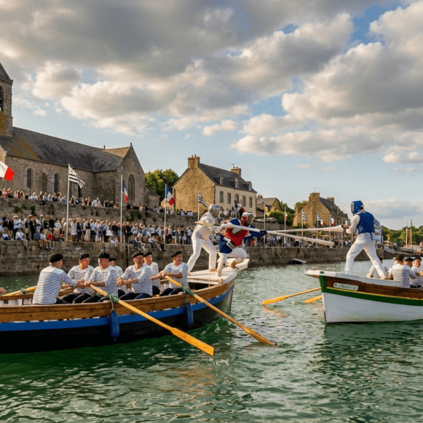 Joutes nautiques traditionnelles sur la Rance à Saint-Suliac en Bretagne Nord avec jouteurs en marinière sur embarcations typiques