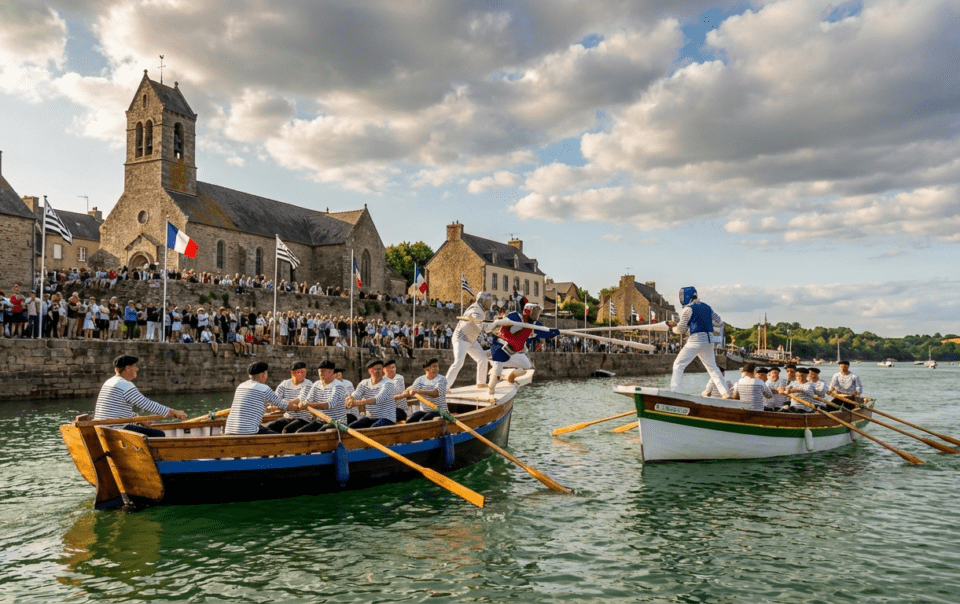 Joutes nautiques traditionnelles sur la Rance à Saint-Suliac en Bretagne Nord avec jouteurs en marinière sur embarcations typiques