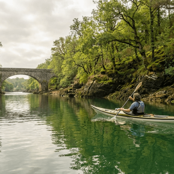 Kayak sur la Rance entre Dinan et la mer en Bretagne avec vue sur les berges boisées